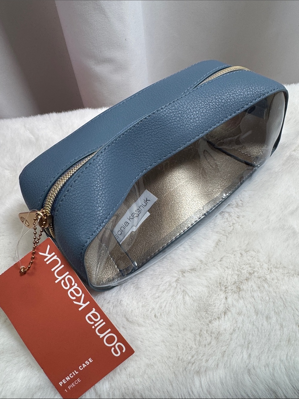 Sonia Kashuk Steel Blue Clear-Front Cosmetic Pouch with Gold Zipper 7”X3”